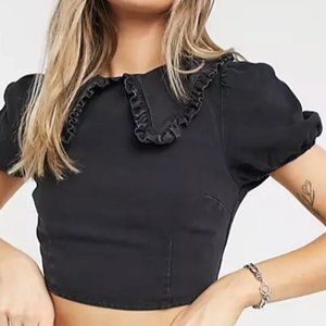 Dramatic Frill Collar Denim Puff Sleeve Crop Top